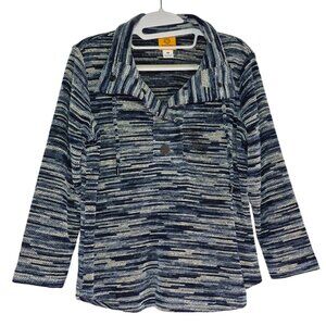 Ruby Rd Petite Striped Sweater Jacket Women PM Blue White Button Up Knit